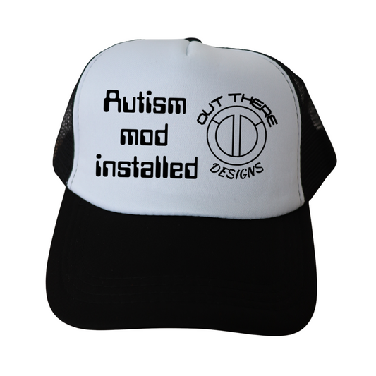 "AUTISM MOD INSTALLED" Trucker cap with logo — Black & White (Split design)